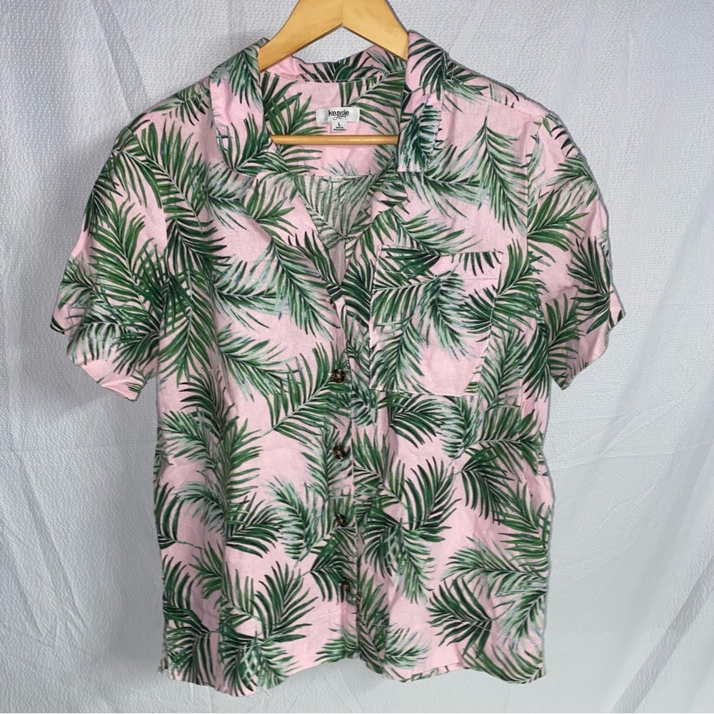 Kendie Jeans Linen Blend Tropical Button Up Short Sleeve, Size Large, Pink/Green
